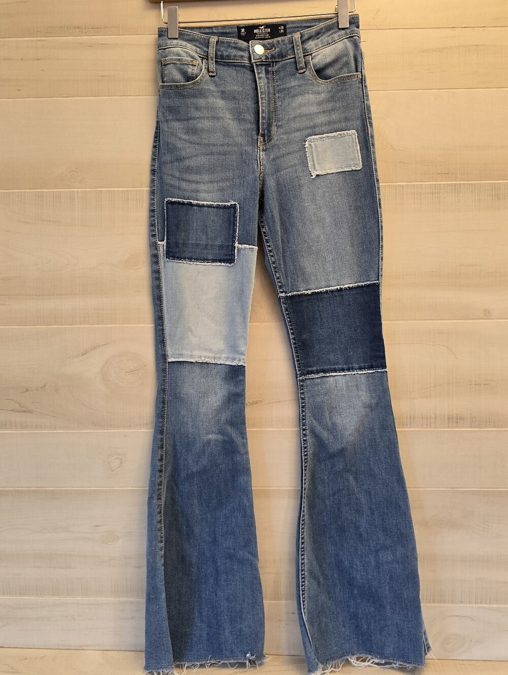 {3R/ 26W 31L} Hollister High Rise Flare Y2K Patchwork Stretchy Jeans - Picture 2 of 16